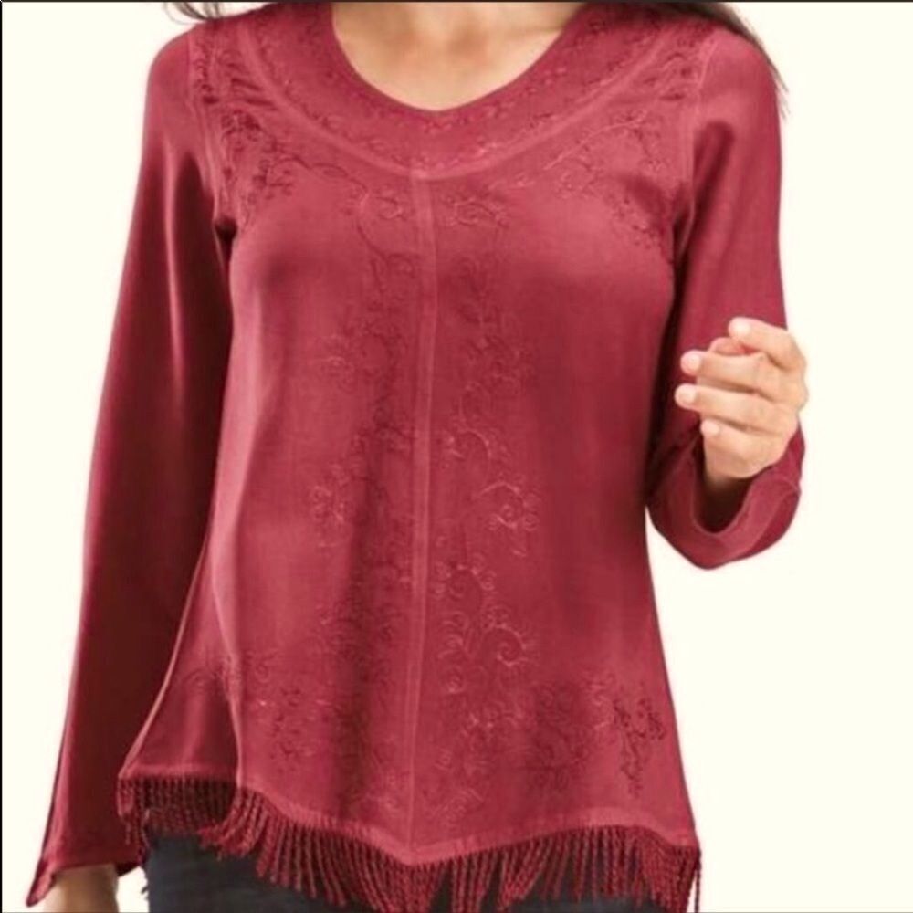 Neck Embroidery Detailed Long Sleeve Tassels Trim Rayon Blouse by Holy NEW